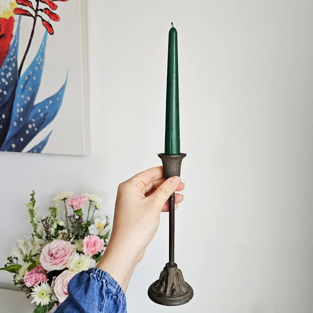 Antique Wrought Cast Iron Goth Candlestick Pillar CandleHolder & Green Candle
